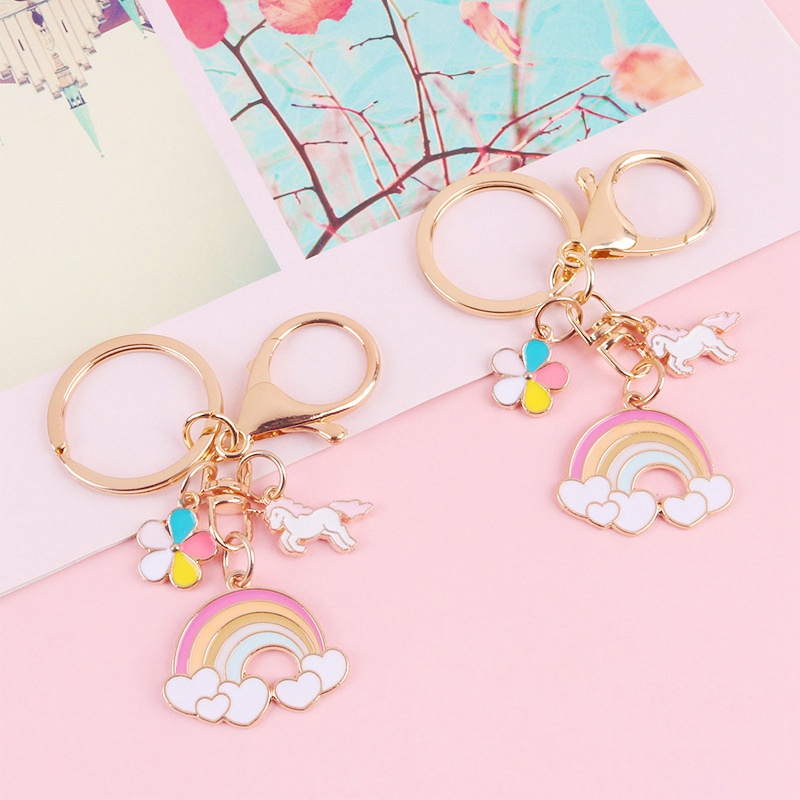 Móc khóa kim loại hình kỳ lân màu cầu vồng dễ thương cho nữ