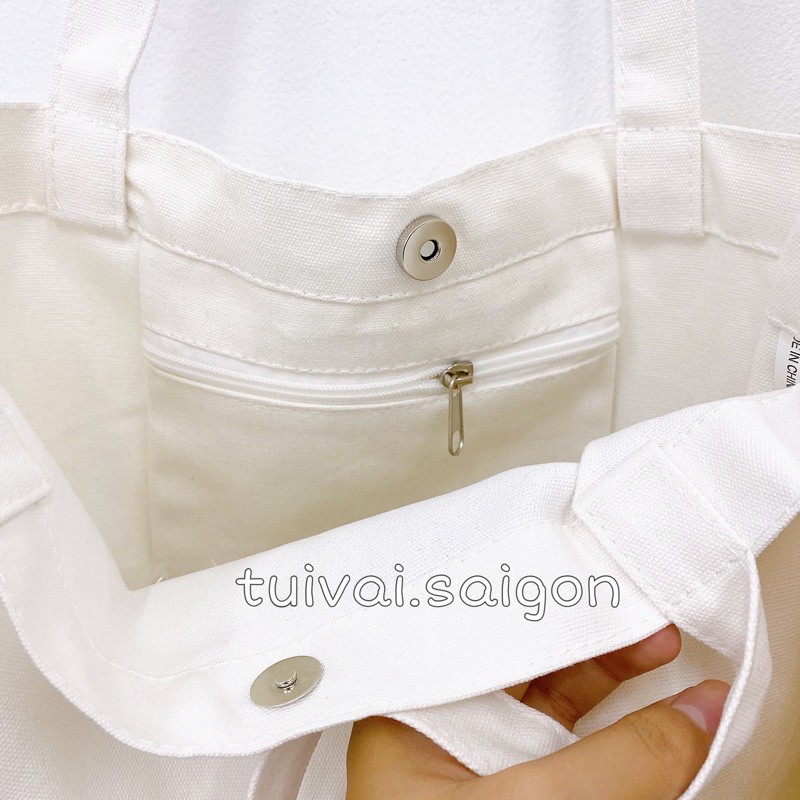 ẢNH THẬT Túi tote túi vải canvas dáng vuông be và trắng