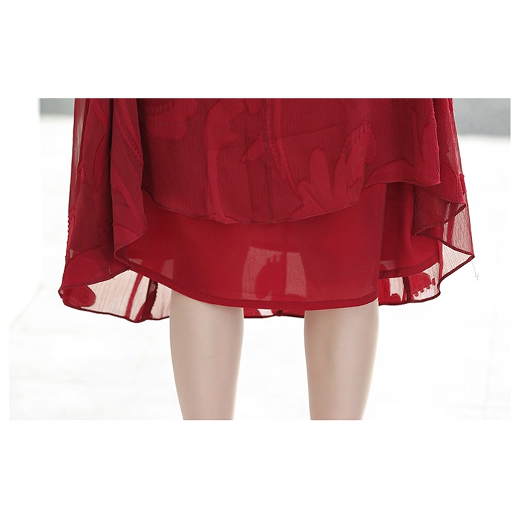 Đầm tay ngắn phối ren màu đỏ thời trang mùa hè sang trọng cho nữ trung niên