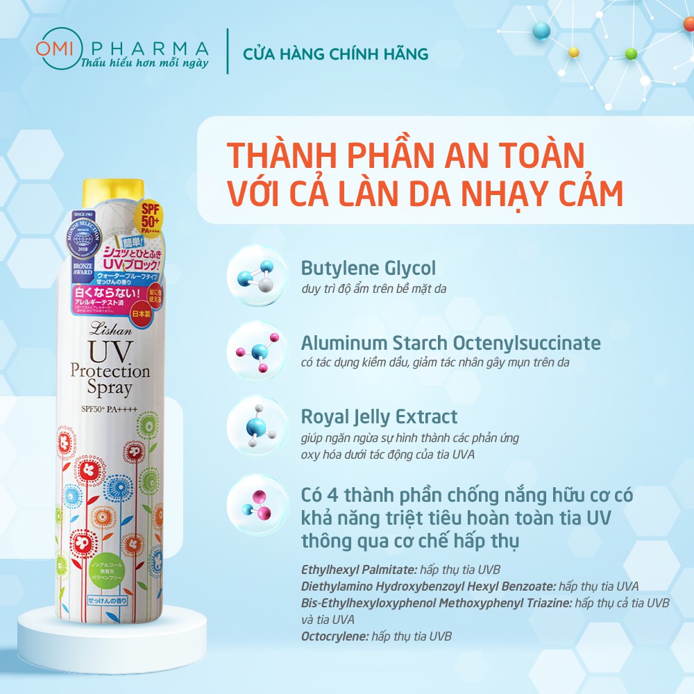 Xịt Chống Nắng, Chống Nước Cho Da Mặt Và Da Body Lishan UV Protection Spray SPF 50+ PA++++ 230g