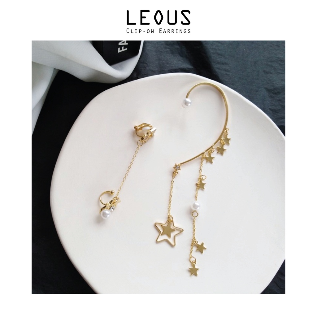 Khuyên tai kẹp vành không bấm lỗ chốt cố định K046 bằng hợp kim mạ vàng bất đối xứng hình ngôi sao dáng dài Leous