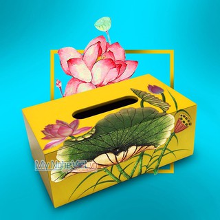 Hộp đựng khăn giấy sơn mài họa tiết sen vàng HKGHD02