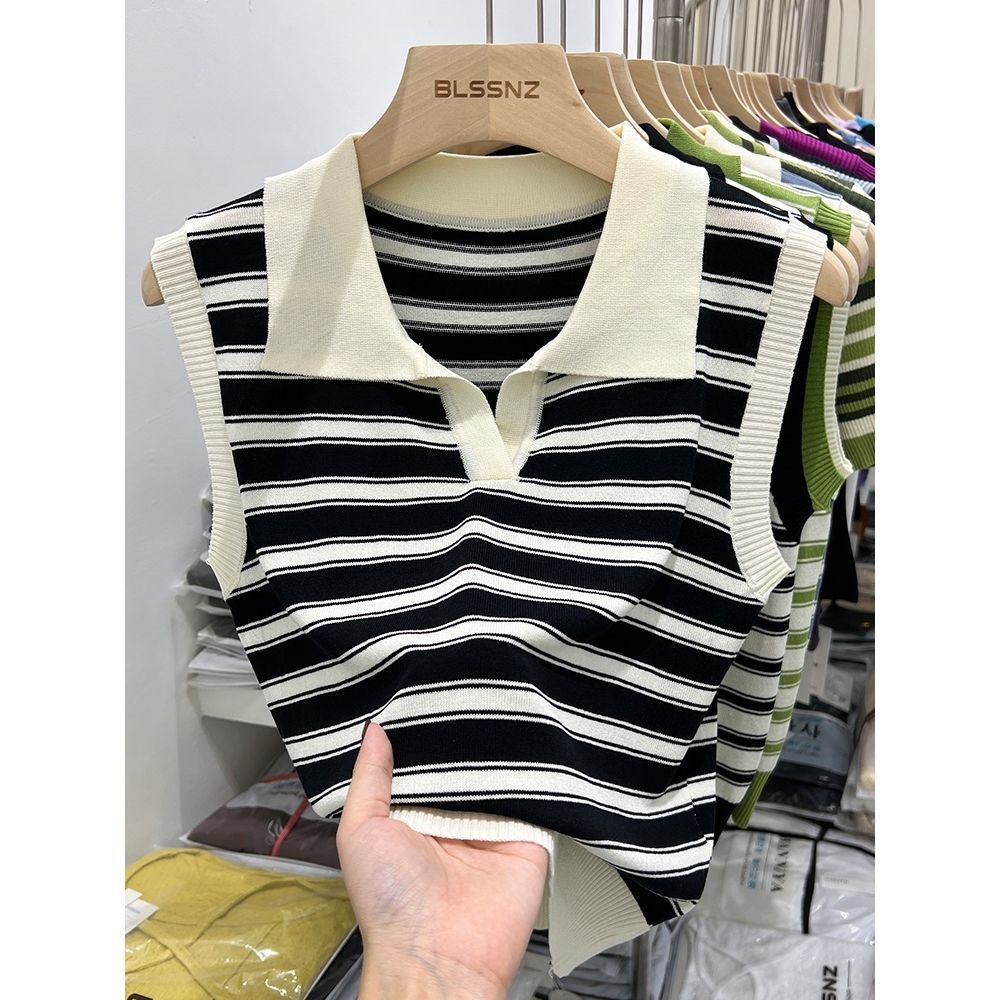 Áo Dệt Kim Sát Nách Cổ Polo Họa Tiết Kẻ Sọc Thời Trang Mùa Hè Cho Nữ