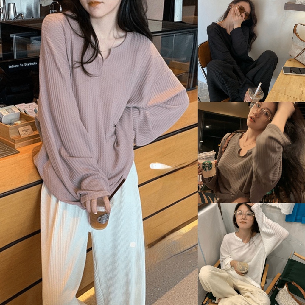 Áo Thun Tay Dài Dáng Rộng Màu Sắc Đơn Giản Cho Nữ