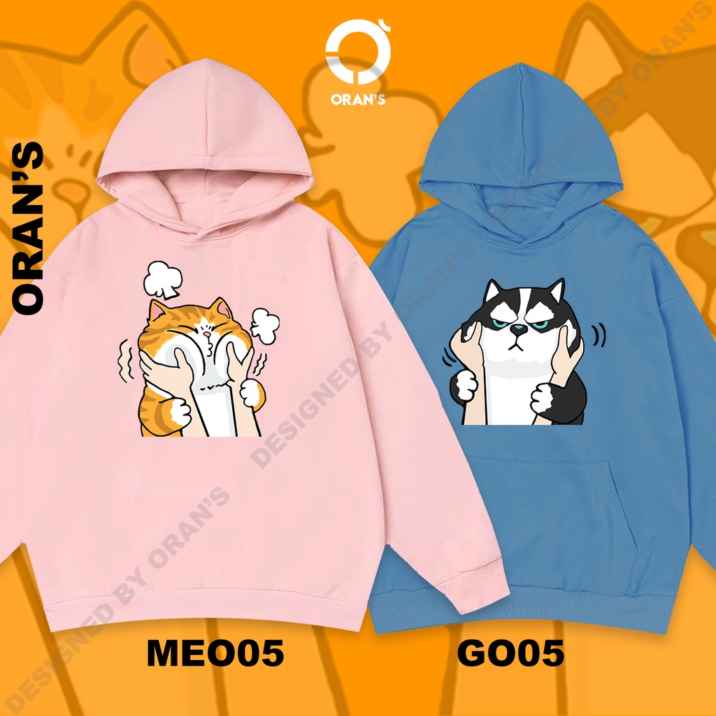 Áo Hoodie đôi in hình chó husky và mèo véo má chất nỉ cotton lót bông cao cấp form rộng unisex - ORAN'S HOODIE COUPLE 05