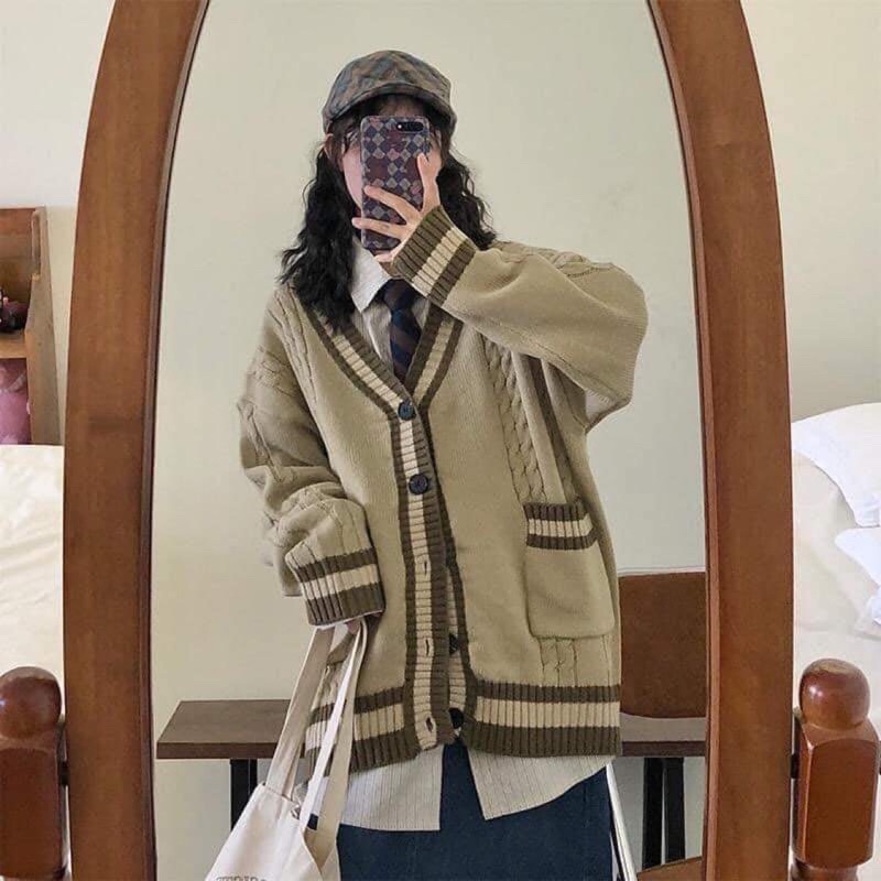 Áo Khoác Cardigan  Nữ Chất Len Dày, Dáng Dài, Rộng Màu Nâu và Trắng