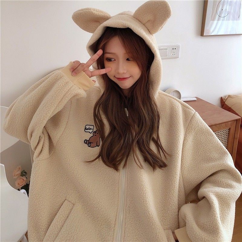 [ORDER] Áo khóac nữ vải bông dây kéo áo cực dễ thương thêu hình gấu có tai gấu cute ulzzang màu kem