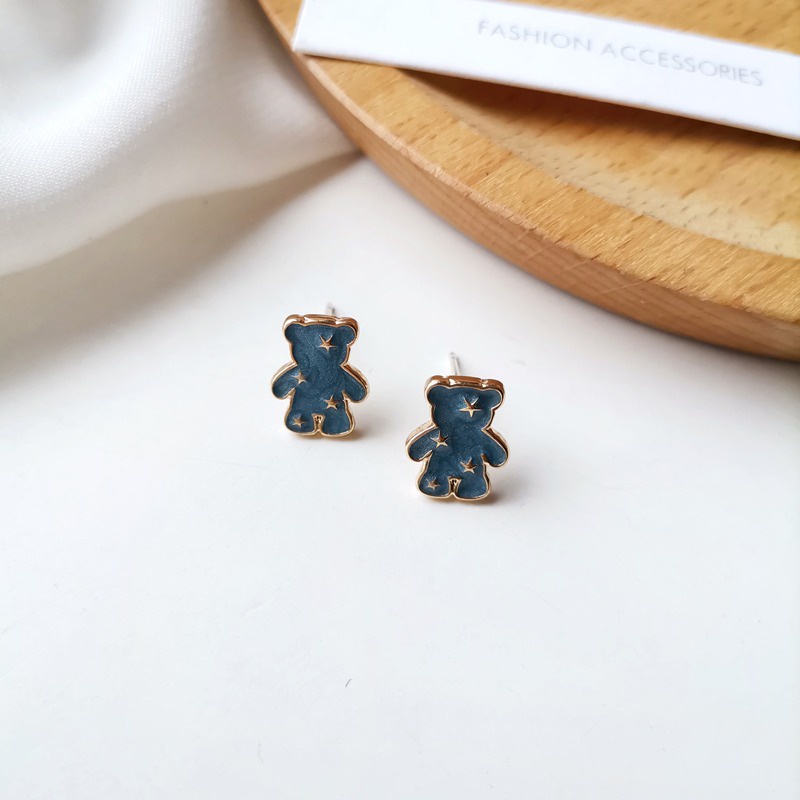 Bông tai gấu hình sao nhỏ màu xanh phong cách Hàn Quốc dành cho nữ