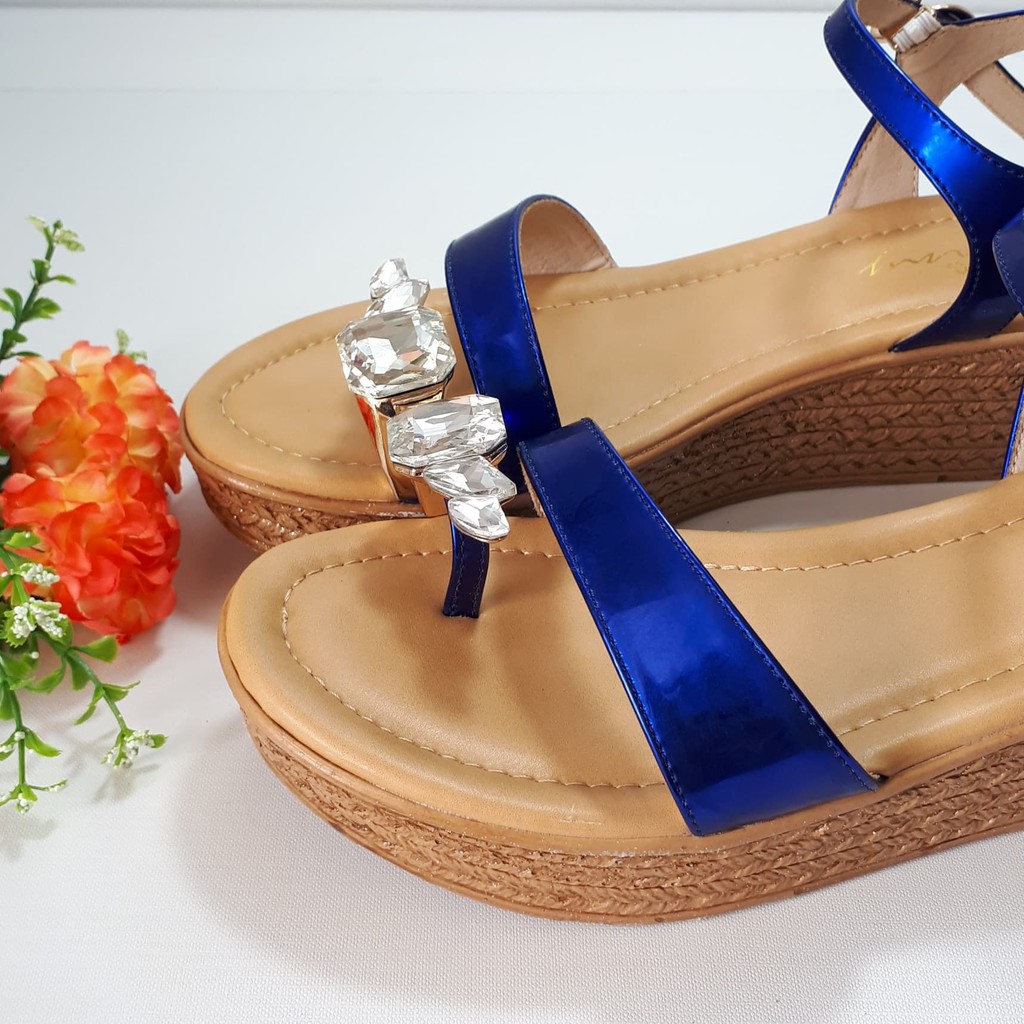 Sandal đế xuồng Josiny quai đính đá chất da bóng sang trọng, cao 5cm (size 37, 38)