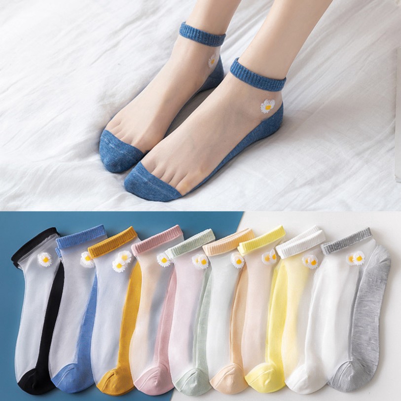 1Pair Daisy Transparent Ultrathin Crystal Mesh Glass Fiber Ankle Socks/Korean Fashion Elastic Women Thin Shallow Hollow Cotton Bottom Breathable Extra-thin Boat Socks