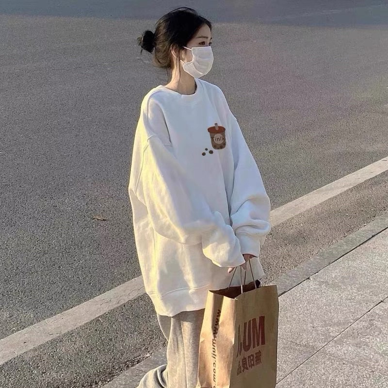 Áo sweater cô gái cốc trà in trước sau
