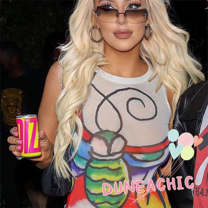 Đầm Sát Nách Cổ Tròn Phối Lưới In Họa Tiết Quyến Rũ Cho Nữ