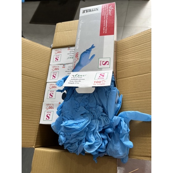 Găng tay y tế  khám bệnh Nitrile Vglove màu xanh , hộp 100 cái , size S L XL