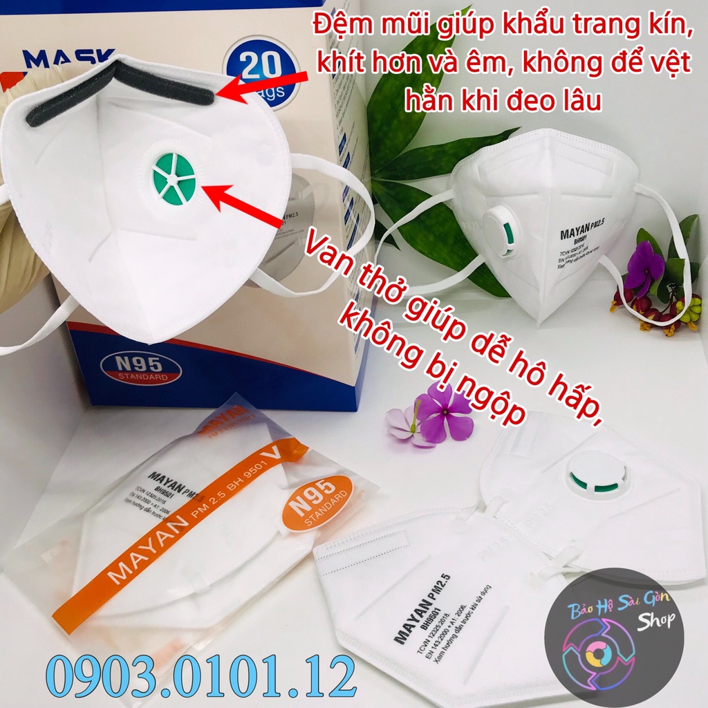 Khẩu trang n95 có van thở đệm mũi , Kn95 chính hãng Mayan pm2.5 BH9501v lớp lọc kháng khuẩn than hoạt tính