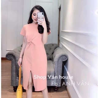 váy suông trơn xoắn eo xẻ tà chất cotton