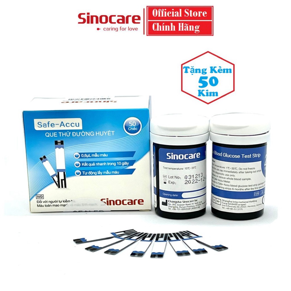 [SIEU SALE] * Que Thử Đường Huyết Hộp 50 Que Safe Accu Tặng Kèm 50 Kim Chính Hãng Sinocare