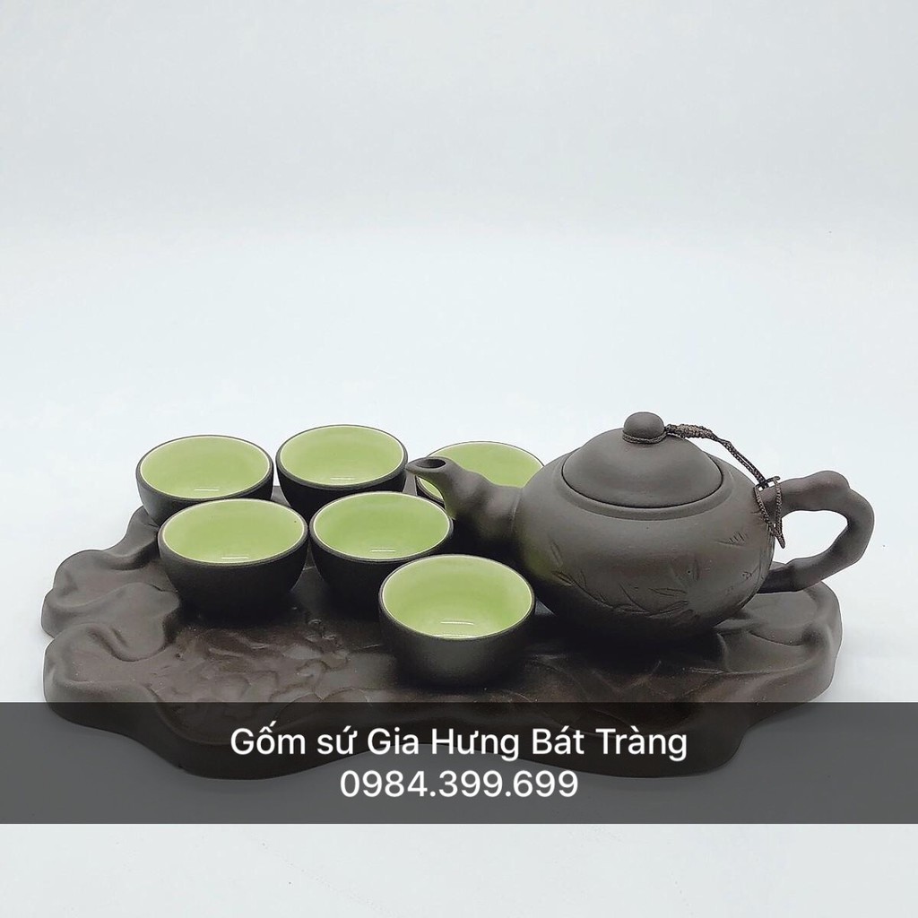 Bộ ấm chén khay lá sen Gôm sứ Gia Hưng Bát Tràng