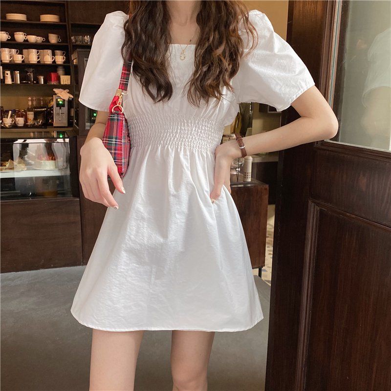 Đầm Tay Ngắn Cổ Vuông Màu Trắng Plus Size Phong Cách Retro Pháp Thời Trang Cho Nữ