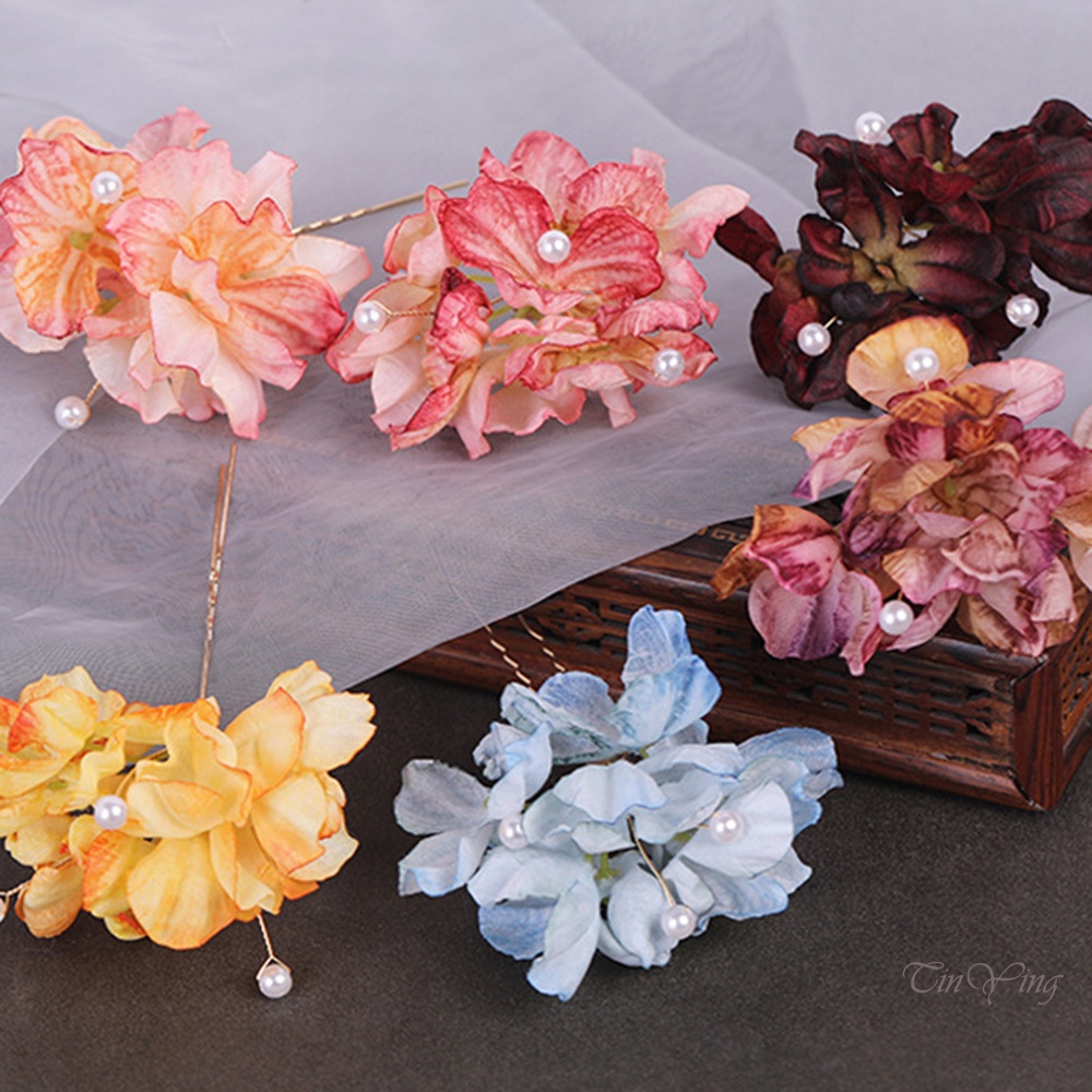 GETNOIVAS Kẹp Tóc Chữ U Bằng Lụa Hình Hoa Đính Ngọc Trai Màu Sắc Thời Trang Trung Hoa