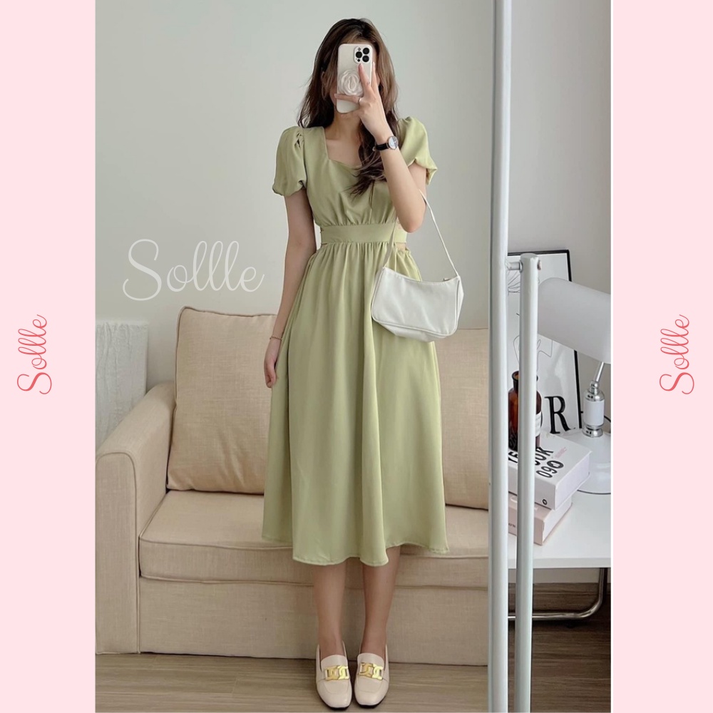 Đầm nữ khoét eo tay bồng xanh bơ Váy cutout cổ vuông hở eo thắt nơ sau dáng dài Sollle
