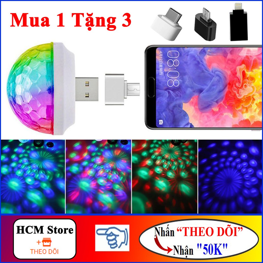 Đèn LED xoay nhiều màu cảm biến theo nhạc cổng USB + Kèm 3 bộ chuyển đổi Android + Type-C + Lightning(Apple)