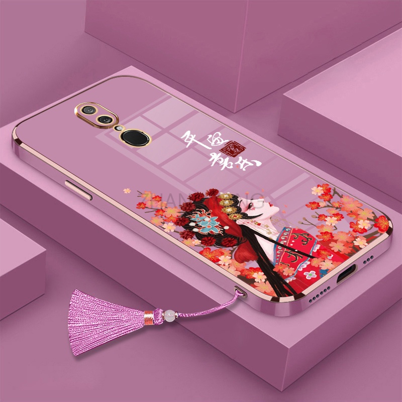 ốp lưng oppo f11 f11 pro f9 f7 Mạ điện TPU Vỏ mềm silicone Guofeng Character Case điện thoại với dây buộc tua
