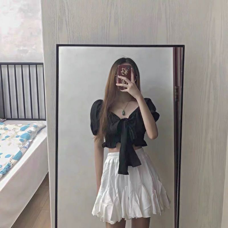 Áo sơ mi ngắn tay phồng đính nơ to (A15&amp;PC)