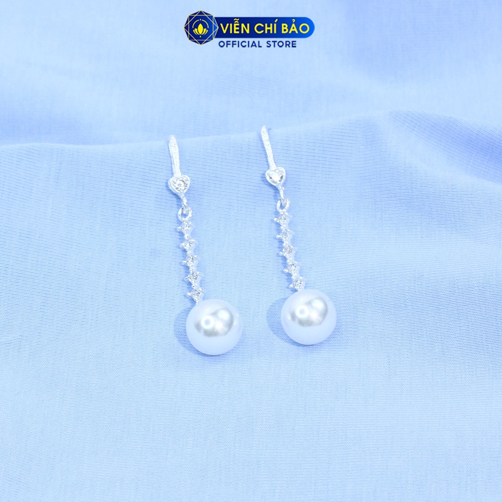 Bông tai bạc nữ Trái châu dạng thả đính đá chất liệu bạc 925 phụ kiện trang sức Viễn Chí Bảo B400150