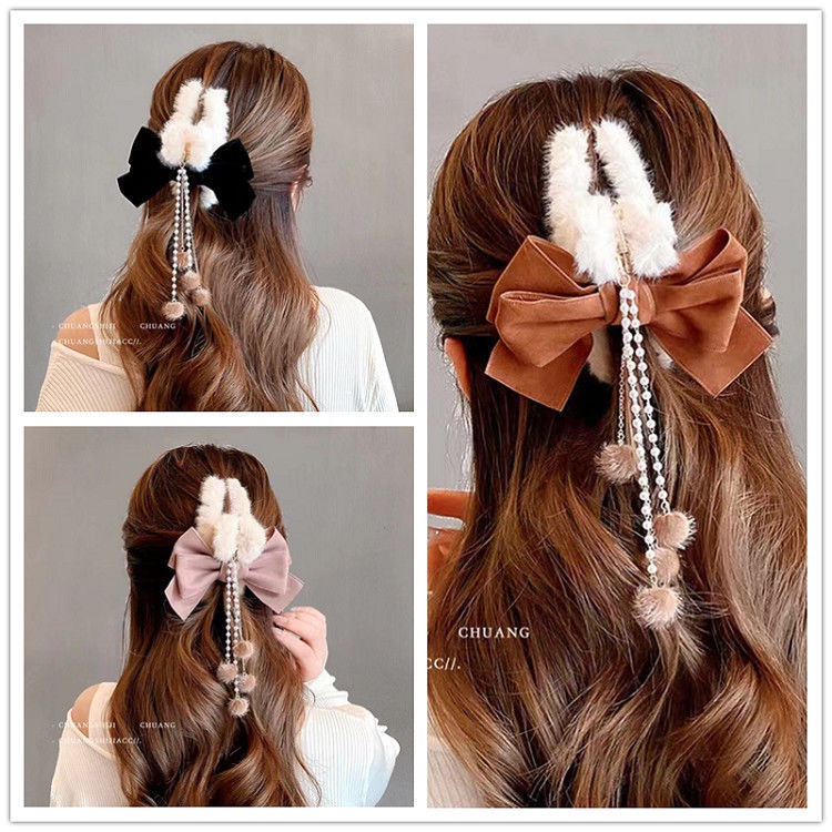 Kẹp Tóc Nơ Phối Tua Rua Đính Ngọc Trai Nhân Tạo Thời Trang 2022