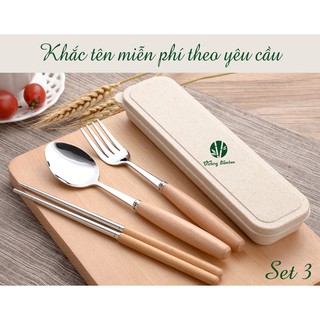 Muỗng, nĩa, (đũa) Inox cán gỗ tặng kèm hộp lúa mạch | Khắc tên hoặc hình miễn phí theo yêu cầu lên cán gỗ.