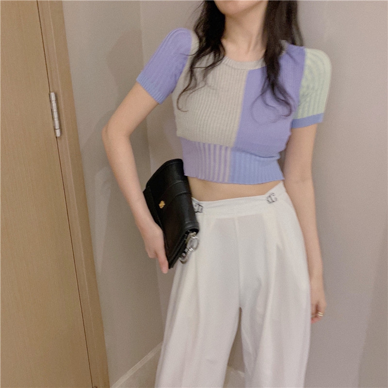 SUXI Summer fashion new striped short-sleeved knitted T-shirt