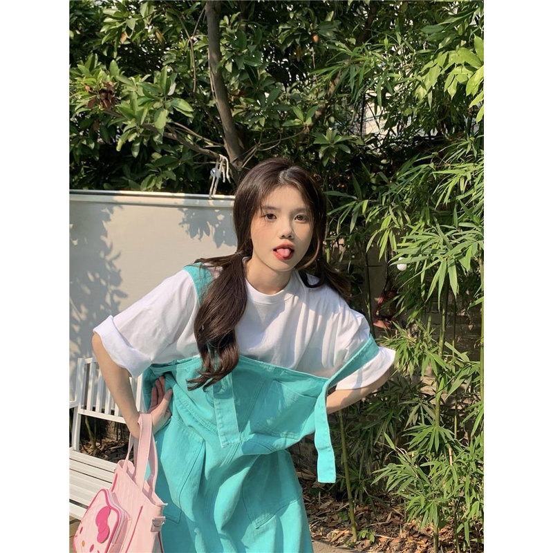 Đầm Yếm denim Dáng Rộng Màu Hồng Thời Trang Mùa Hè Xinh Xắn Cho Nữ