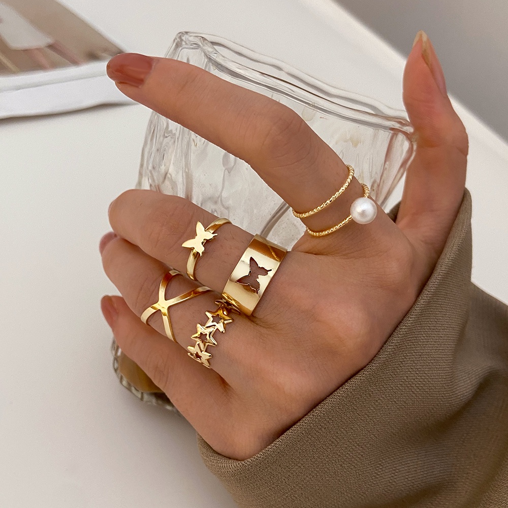 Set 5 nhẫn mạ vàng hình bướm đính ngọc trai nhân tạo thời trang