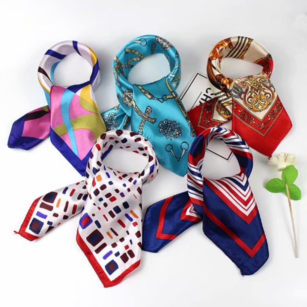 Khăn lụa satin mềm mại quàng cổ kiêm buộc tóc hình vuông phong cách Bandana cổ điển thời trang tinh tế cho nữ