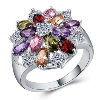 European and American luxury ladies color zircon ring silver plated party ring