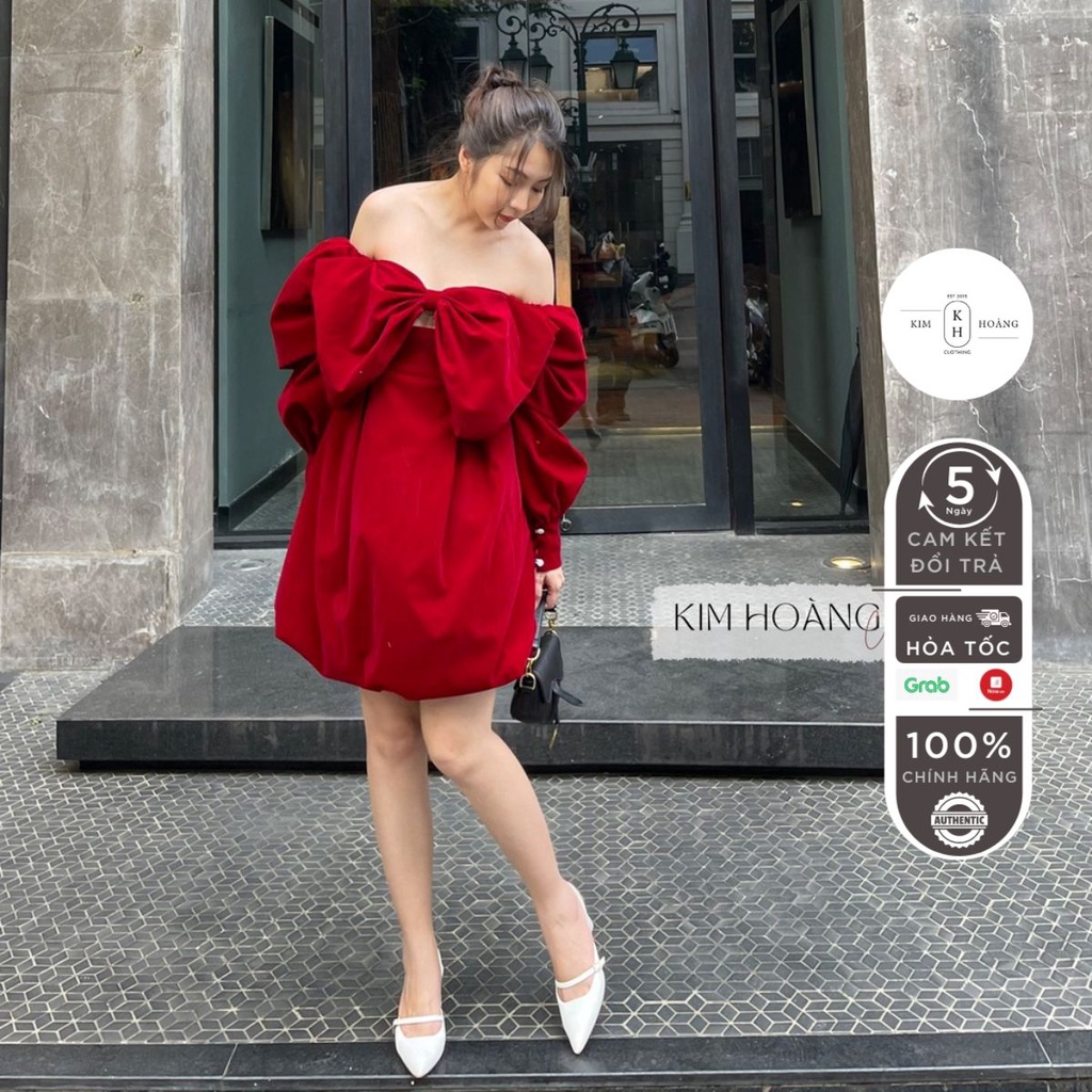 Váy nhung nơ xoè hai màu đỏ đen