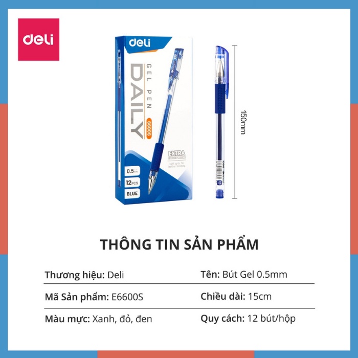 Bút bi nước mực gel 0.5mm có nắp đậy Deli màu xanh đen nhanh khô viết đều trơn tru lâu hết mực 6600