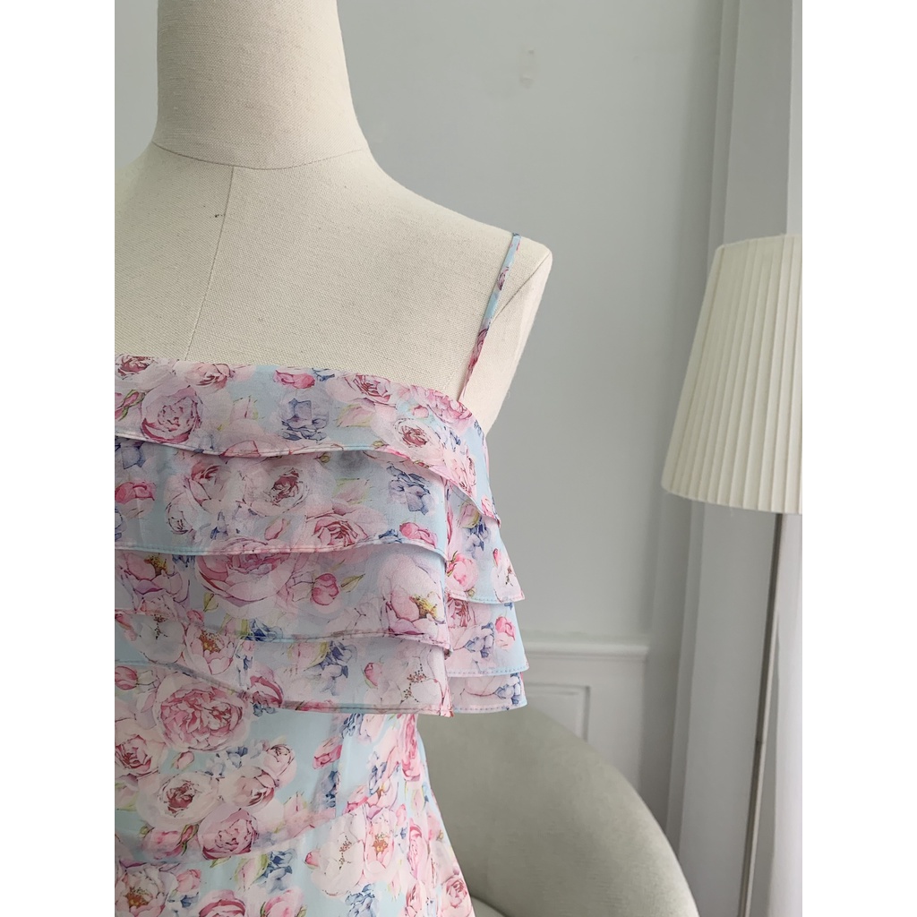 TIELA Đầm váy hoa hồng xanh hai dây bèo ngực - Peony Dress
