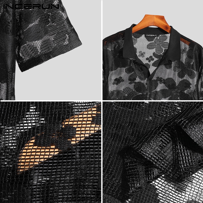 Áo sơ mi INCERUN tay ngắn dáng rộng họa tiết hoa xuyên thấu thoáng khí thời trang cho nam