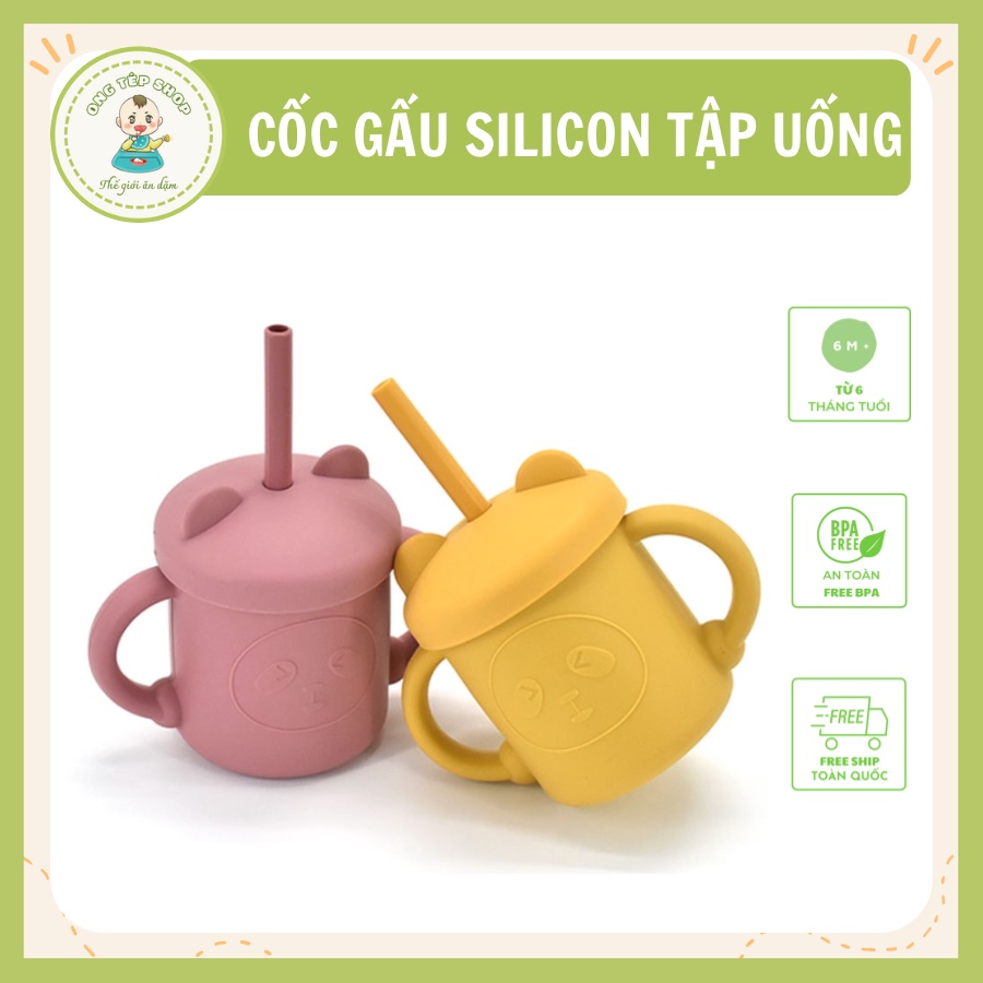 Cốc tập hút silicon hình gấu xinh xắn cho bé tập uống 2in1 kèm ống hút thay thế