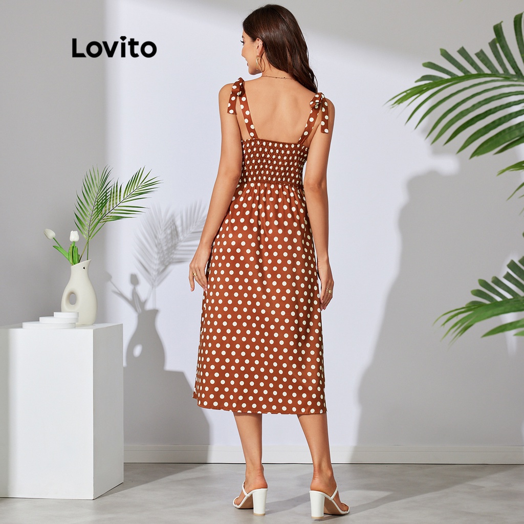 Lovito Đầm Hai Dây Dáng Dài Họa Tiết Chấm Bi Dễ Thương L29LD035 (Nâu)