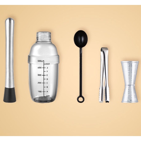 Set 5 dụng cụ pha chế:chày bar+lắc nhựa 530ml+thìa đong 10g + kẹp gắp đá gắp đồ ăn decor+zig nhựa 2 đầu 20/40