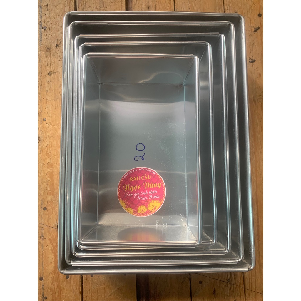 Khuôn nhôm gò Chữ nhật đế liền thành khuôn cao 8cm có 12 size trong bộ khuôn. Dài 18/20/22/24/26/28/30/32/34/36/38/40cm.