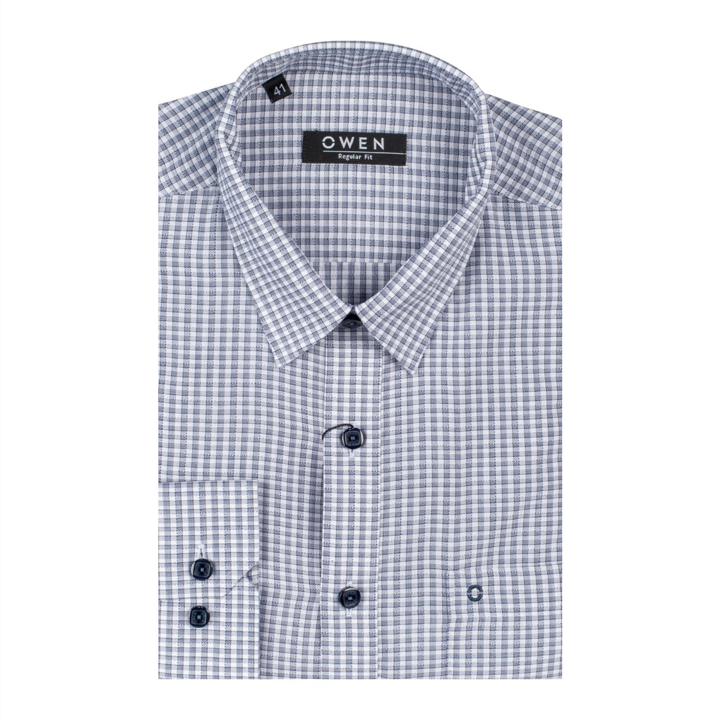 Áo Sơ Mi Nam Tay Dài Owen AR20841DT Dáng Regular Fit Vải Sợi Tre Màu Kẻ Caro Navy Trắng