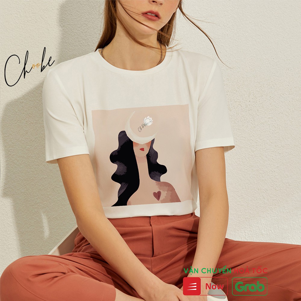 Áo phông nữ Choobe cộc tay Nguyệt Hoa Nữ form rộng kiểu in hình vải cotton cổ tròn đẹp t shirt Trắng A06