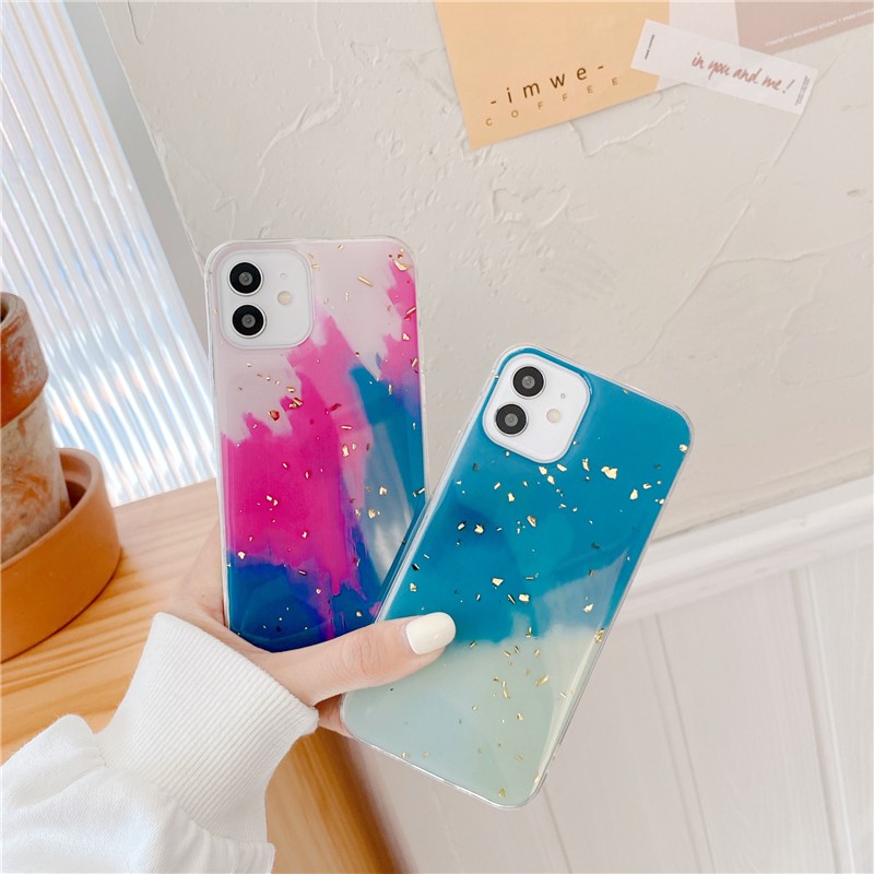 Ốp điện thoại silicon in hình thỏ/trái đào/dâu tây/chữ cho Retro watercolor abstract art gold leaf japanese Phone Case For iPhone 12 11 Pro Max Xr Xs Max x 7 8 Plus 7Plus case Cute cover