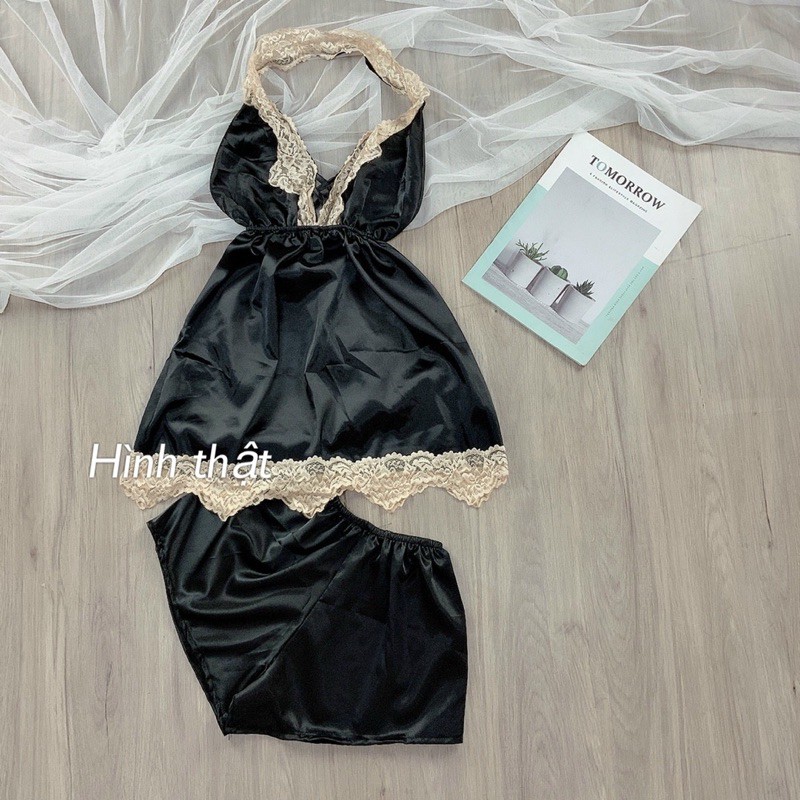 Set bộ ngủ phi lụa phối ren cổ yếm - S0U