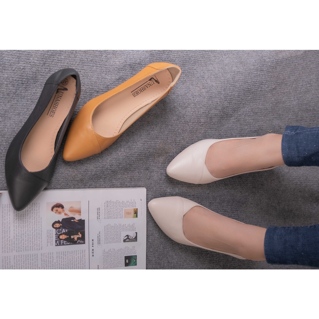 Giày đế xuồng nữ 5p da bò thật mềm LUNASHOES 2512 mũi nhọn đế tpr cao cấp dễ phối đồ giầy trung niên cho mẹ