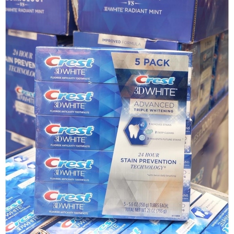 Kem Đánh Răng Crest 3D White Advanced Tripple Whitening 158G Loại Bỏ Vết Bẩn, Trắng Răng