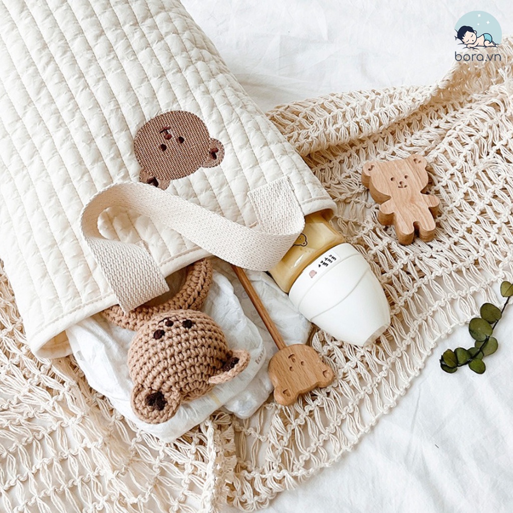 Gấu dễ thương Thêu Tote Túi xách xách tay Túi đựng tã cho bé Túi vải cotton Túi xe lăn
